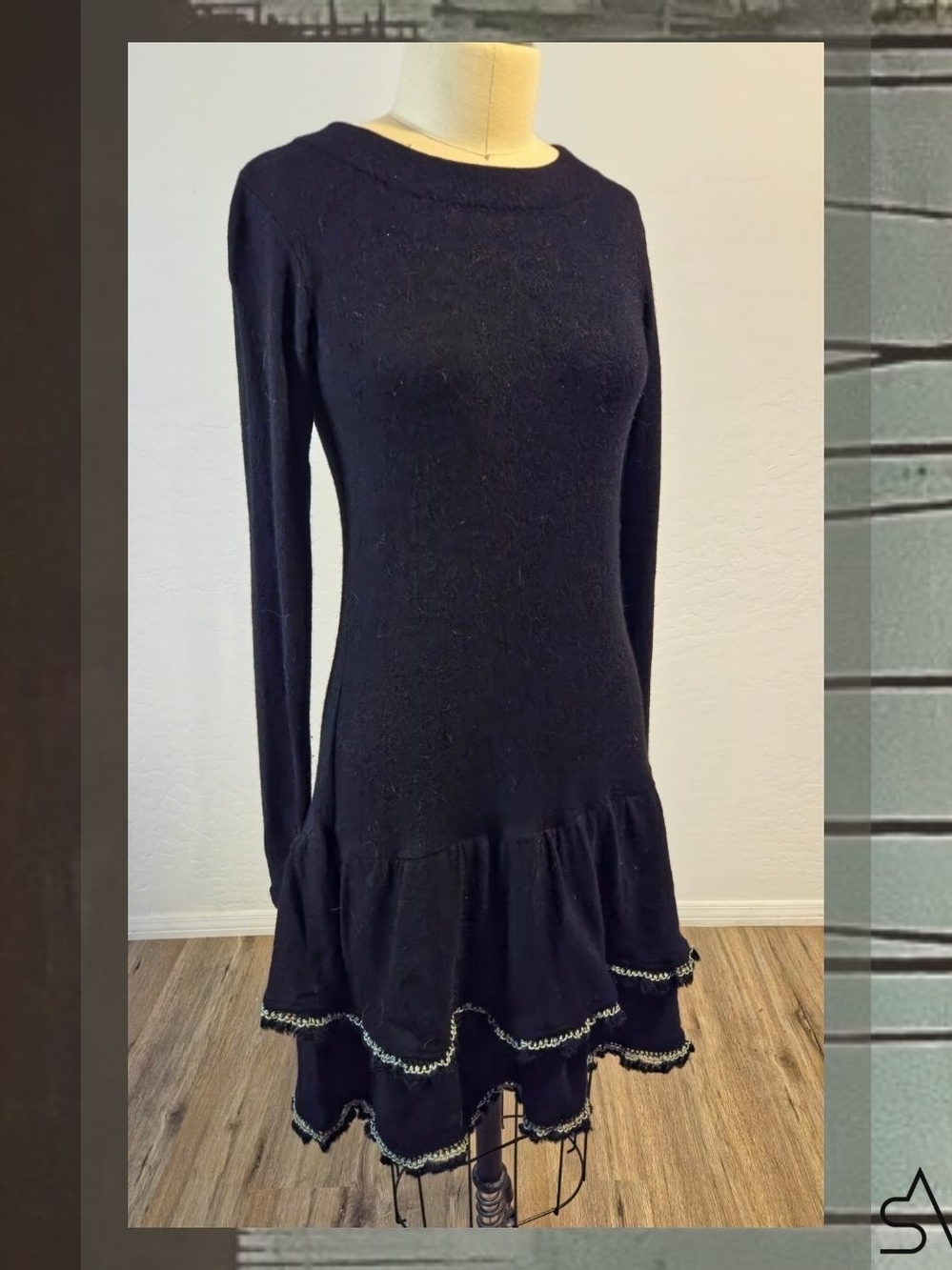 agnès b. Paris Y2K Balletcore Noir Tiered Ruffle Wool Knit Mini Dress Size 2